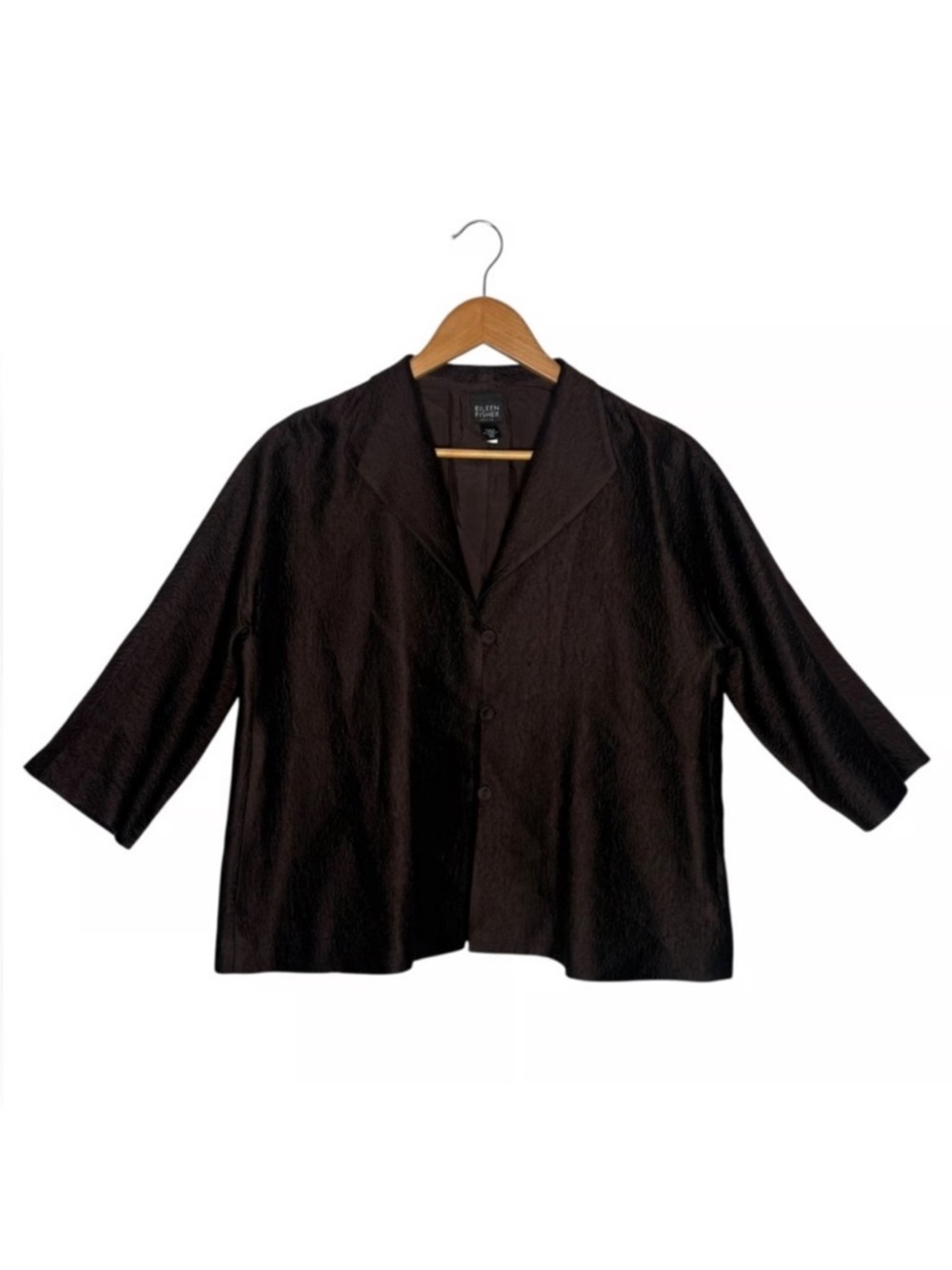 Eileen Fisher Textured Silk Black Collared Jacket 3/4 Sleeves Size Small